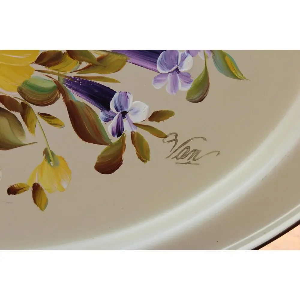 Nashco Tole Painted Metal Tray Vintage Hand Painted Floral Toleware Beige